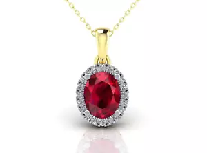 Ruby Oval Cluster Pendant Solid 9ct Yellow Gold 18" Chain Hallmarked - Picture 1 of 4