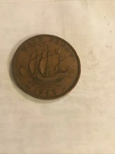 1945 England Half Penny - Old Antique Coin WW2 Coin - Picture 1 of 2