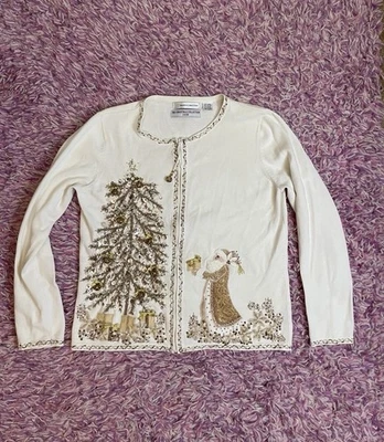 De Colección Marisa Christina Navidad Cárdigan Suéter Dorado Marfil Cuentas Brillante Pequeño Foto 1 de 4