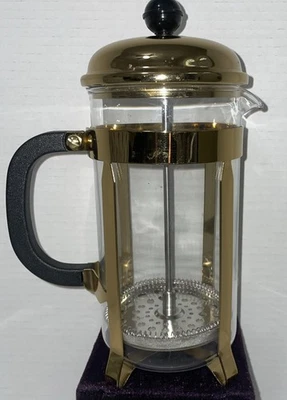 Prensa francesa de vidrio Pyrex de colección de 4 tazas con émbolo tono dorado con direcciones originales Foto 1 de 4