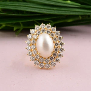 7.76 Tcw Lab Grown CVD Round Diamond Pearl Gemstone Ring 14k Yellow Solid Gold - Picture 1 of 12