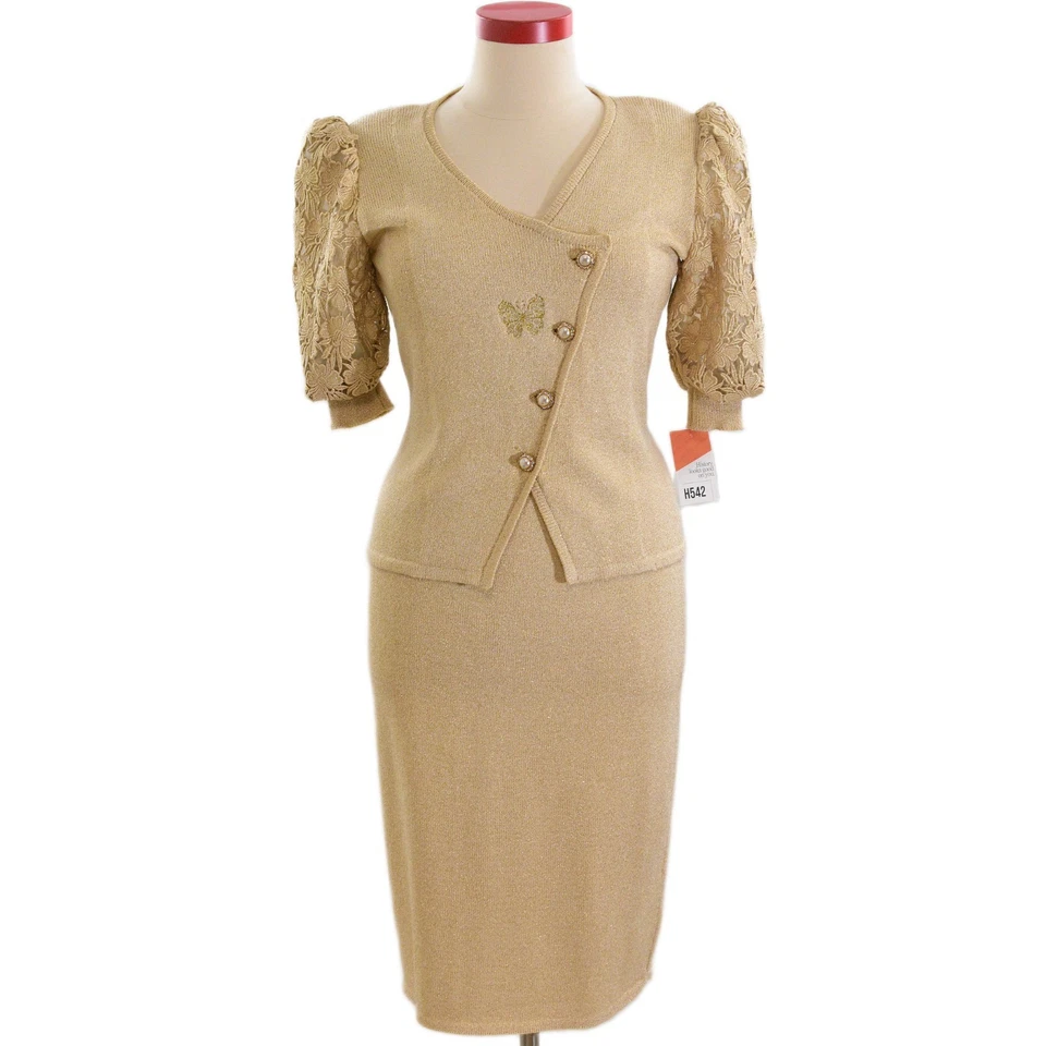 Conjunto de falda tejida de lana vintage años 80 para mujer L dorado metálico tejido encaje vacaciones Navidad Foto 1 de 4