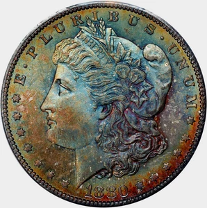 Dólar de plata Morgan 1880-S tono arco iris ~ PCGS MS67 CAC ~ GEMA COLOR DE DOBLE CARA * - Imagen 1 de 8