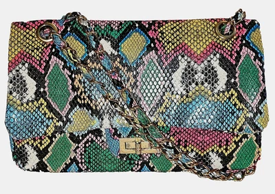 FASHION NOVA  MULTI-COLOR EMBOSSED SNAKEESKIN PATTERN SM DOUBLE CHAIN HANDLE BAG - Image 1 of 4
