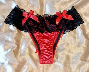 Sexy Red Satin Lace Open Back Peep Show Panties Knickers Sissy CD TV XL 16-18 - Picture 1 of 4
