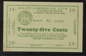 1933 Depression Scrip; 25c Beloit Commercial Club (Wisconsin); UNC (Unsigned) - Picture 1 of 2