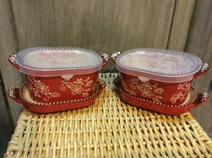 Temp-tations Red Floral Lace Ramekin Baker 10 Oz. w/ Lid/Tray #936844 Set Of 2 - Picture 1 of 7