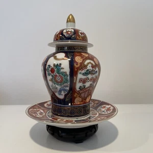 VINTAGE GOLD IMARI HANDBEMALT GROSSES INWERGLAS MIT DECKEL UND PASSENDER PLATTE - Bild 1 von 14