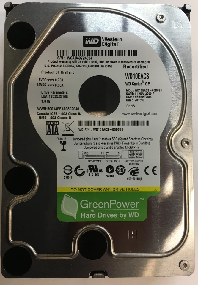 WD10EACS-00D6B1 - Western Digital 1TB 7200 RPM SATA 3.5" HDD - Image 1 of 1