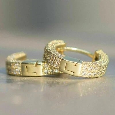 1.60Ct Round Simulated Diamond 14k Yellow Gold Plated Hoop/Huggie Men's Earrings - Image 1 of 3