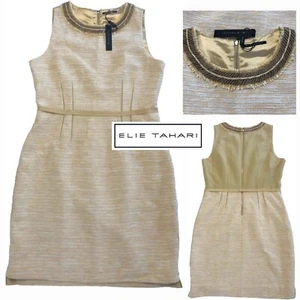 Nuevo Vestido Vaina ELIE TAHARI Talla 14 Nuevo Con Etiquetas Dorado Amarillo Texturizado Modesto Forrado - Imagen 1 de 17