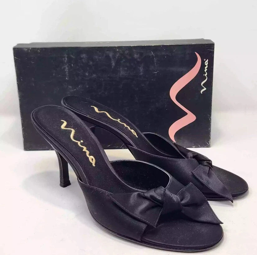 Zapatos de salón Nina para mujer negros brillantes satinados punta abierta talla 10 M lazo formal graduación Foto 1 de 4