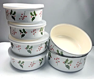 Weihnachten Stechpalme Beeren Emaille Schüsseln Nesting 6er Set Urlaub Kochen Backen - Bild 1 von 7