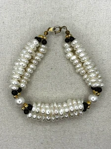 Vintage Three Row Simulated Pearl Black And Gold Tone Art Deco Style Bracelet - Picture 1 of 21