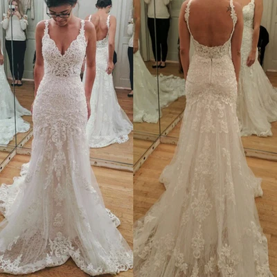 V Neck Mermaid Wedding Dresses Spaghetti Straps Backless Sweep Train Bridal Gown - Image 1 of 4