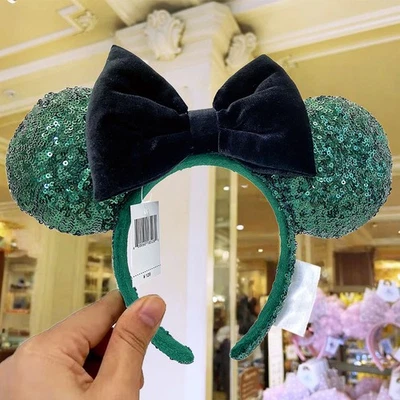 Disney- Parks Green Sequin Minnie Mickey Mouse Ears Black Velvet Bow Headband US - Image 1 of 4