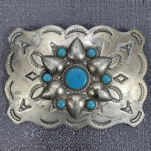 Vintage Nickel Silver Bell Belt Buckle With Faux Turquoise Indian Aztec - Picture 1 of 5