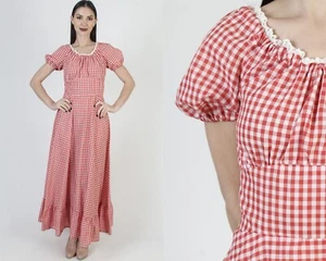Vtg 70s Cottagecore Prairie Dress Red White Eyelet Lace Gingham Picnic Boho Maxi - Picture 1 of 7