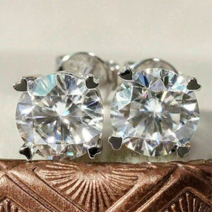 4 CT Round Lab-Created Solitaire Stud Screw Back Earrings 14k White Gold Plated - Picture 1 of 7