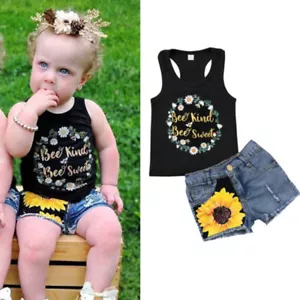 Toddler Kids Baby Boys Girl Floral Outfits Vest Tops Denim Shorts Clothes Set - Picture 1 of 8