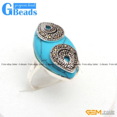 Anillo Mujer Cuentas Piedra Marquesa Plata Tibetana Marcasita Moda Joyería 14x27mm Foto 1 de 4