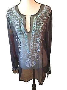 Venus New Silk Peasant Oversized Sequinned Sheer Black Blouse - Picture 1 of 6