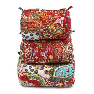 Red Multi Floral Cotton Quilted Toiletry Purse Cosmetic Storage Bag Of 3 Pc - Picture 1 of 4