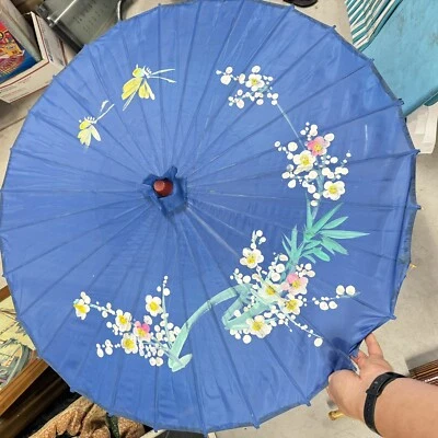 Paraguas vintage pintado a mano japonés chino bambú madera/tela LN Foto 1 de 4