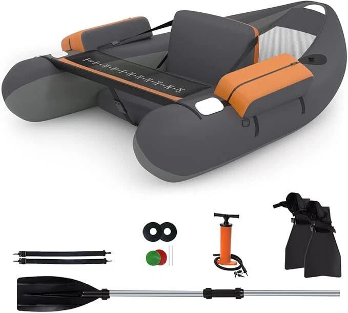 Gommone pesca, belly boat, statori, 2 pinne, pagaia, pompa, kit riparazione, 160 - Immagine 1 di 4