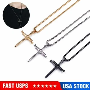 Boys Mens Stainless Steel Vintage Cross Pendant Necklace Men Women Silver Black - Picture 1 of 15
