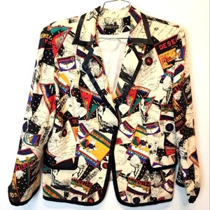 Vintage Custom Designer Blazer Travel Themed Silk Jacket Shoulder Pads Size 2X - Picture 1 of 11