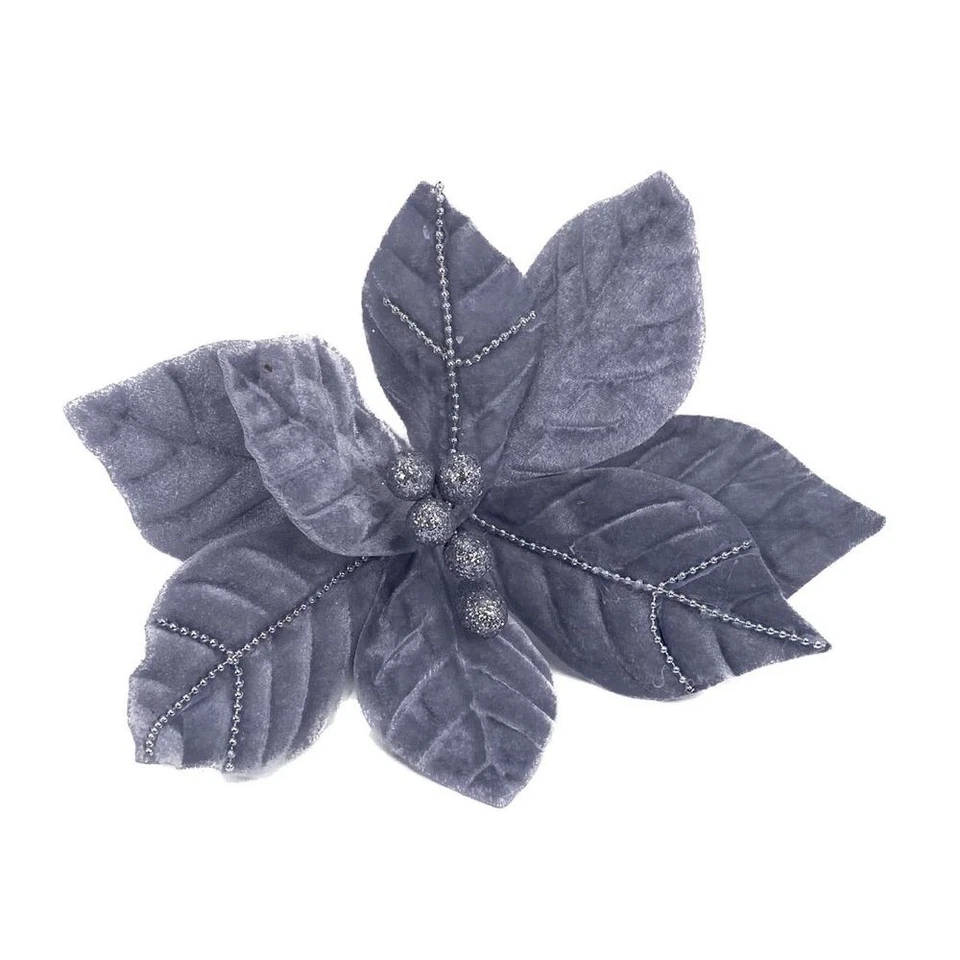 6 PZ Fiore Artificiale Stella di Natale velluto argento 25x10 cm 18RG - Immagine 1 di 1