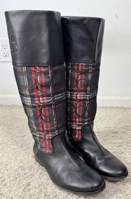 Botas de montar Coach Chrissi Signature de cuero negro tartán a cuadros de cuero altas 8 Foto 1 de 4
