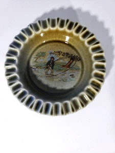 Vintage Ashtray Green Irish Porcelain Co.Armagh- 4.5" Diameter Young Man Fishing - Picture 1 of 8