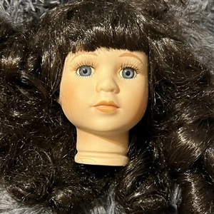 VTG Porcelain Flange Doll Parts For 14” Dolls Dark Brown Wig Blue Eyes - Picture 1 of 10