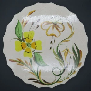 Vintage Hand Painted Ceramic Cake Plate 10" Diameter Yellow Brown Green Flowers - Picture 1 of 3