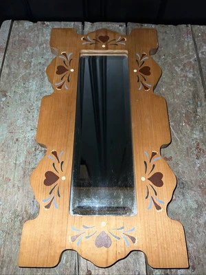 "Espejo de madera arte popular bordes festoneados corazones pintados a mano núcleo de abuela rural 16""" Foto 1 de 4