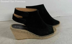 Bettye Muller Black Leather Peep Toe Wedge Espadrille Womens Heels Size 38 - Picture 1 of 8