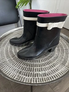 Kate Spade Womens Paloma Rainboots Black Shiny Waterproof Ribbon Bow Heels 8 - Picture 1 of 9