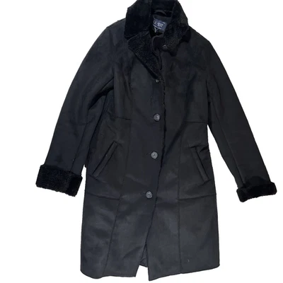 Armani Jeans Black Faux Fur Lined Long Coat Overcoat Button Front Women's 4 - Image 1 of 4