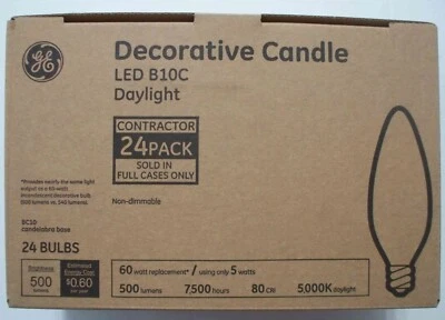 GE LED 60W/5W B10C Candelabra Candle-24 Bulbs-Daylight-Not Dimmable-Save 2+ - Image 1 of 2