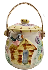 Vtg 1940's Lefton Biscuit Cookie Jar Puppy Dog Flowers Bird handle 3-D pastel - Picture 1 of 4