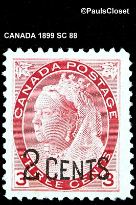 CANADÁ 1899 SC 88 QUEEN VICTORIA CARMINE 3¢ OP 2¢ MHR OG MUY FINO Foto 1 de 2