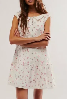 NUEVO MINI VESTIDO FREE PEOPLE BLANCO ROJO BEASLEY CINTURA CAÍDA TALLA L Foto 1 de 4