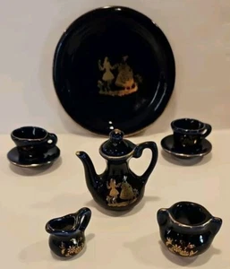 Juego de té vintage para casa de muñecas azul oscuro y dorado juego de cortejo pareja miniatura 9 piezas - Imagen 1 de 9
