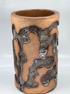 Ikebana Vase Zylinder Naturalist Keramik Metallic Esche glasiert braun schwarz 8" hoch - Bild 1 von 13