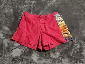 Old Navy Size 12 Womens Red Nylon Swim Board Shorts, Tropical, Button, Hook&Loop - Picture 1 of 7