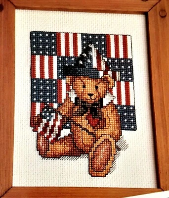 Cross Stitch Pattern AMERICAN TEDDY Bear Flag Quilt Red White Blue FLAG HAT - Image 1 of 4