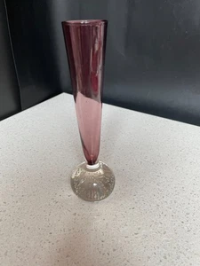 8" Trumpet Purple Glass Vase Clear Contolled Bubble Paperweight Base - Picture 1 of 6