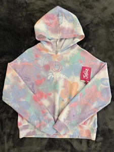 Justice Multi Flower Smiley Fleece Hoodie Pullover Sweatshirt Girls M 10 NWT NEW - Picture 1 of 13